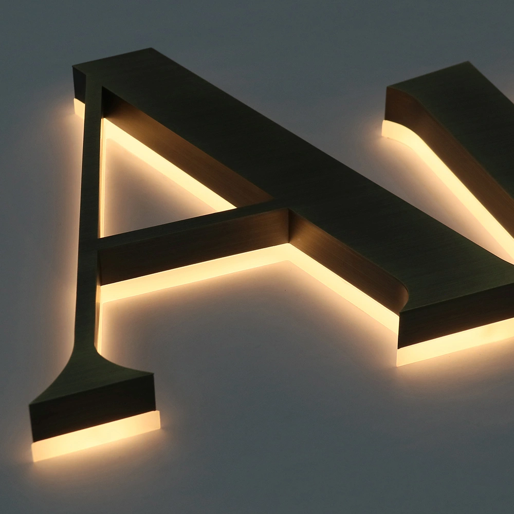 Antique Brushed Bronze Halo-Lit Signs | Vintage Metal Back-Lit LED Signage