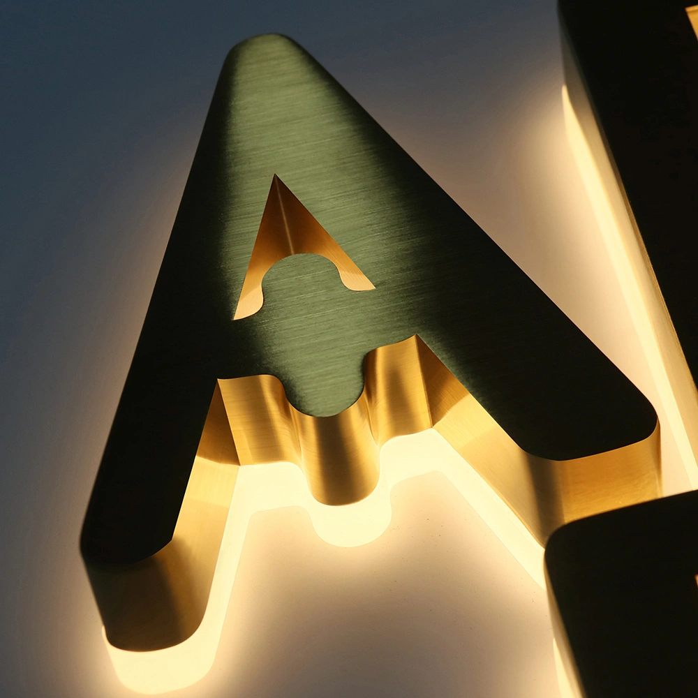 Elite Brushed Gold Titanium Halo-Lit Signs | Integrated Backplate LED Signage