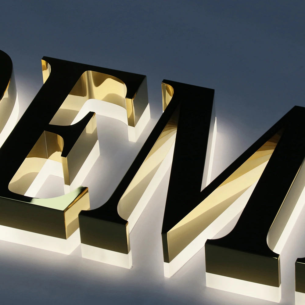 Mirror Gold Titanium Halo-Lit Signs | Luxury Polished Metal Back-Lit LED Signage