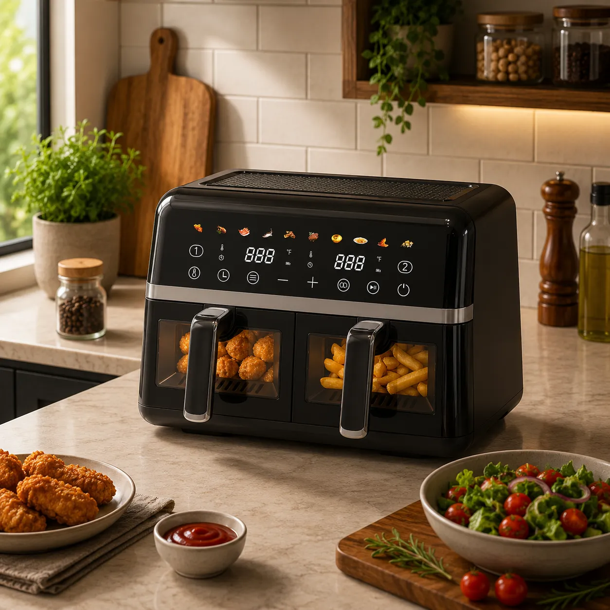 9L Stainless Steel Dual Basket Digital Air Fryer AF-055A with Visual Windows