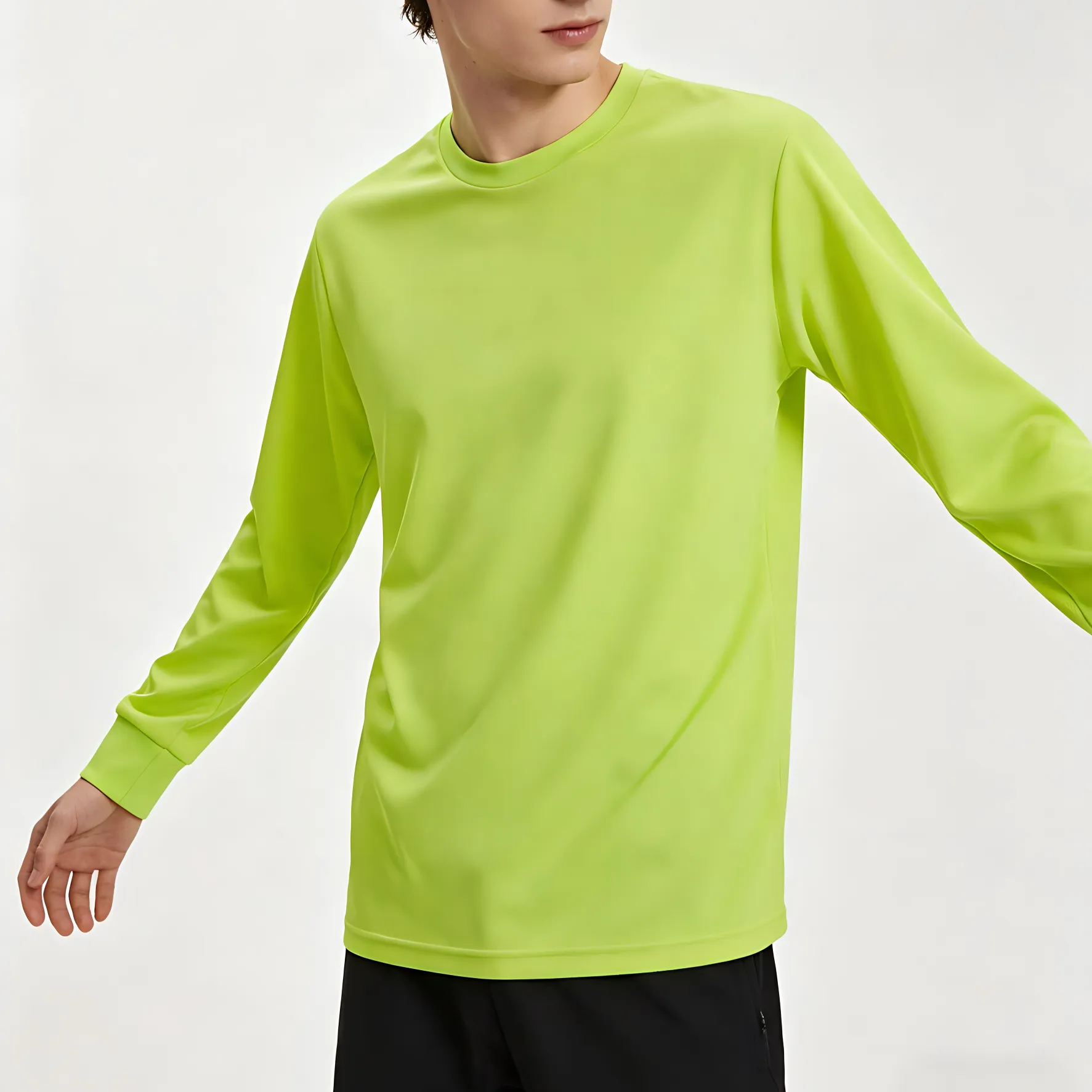 High-Visibility Fluorescent Green Long-Sleeve Quick-Dry Crew Neck T-Shirt