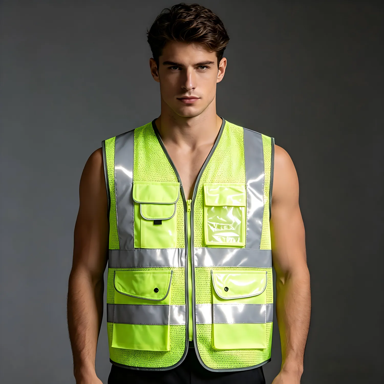 High-Visibility Fluorescent Yellow-Green Mesh Multi-Pocket Reflective Safety Vest
