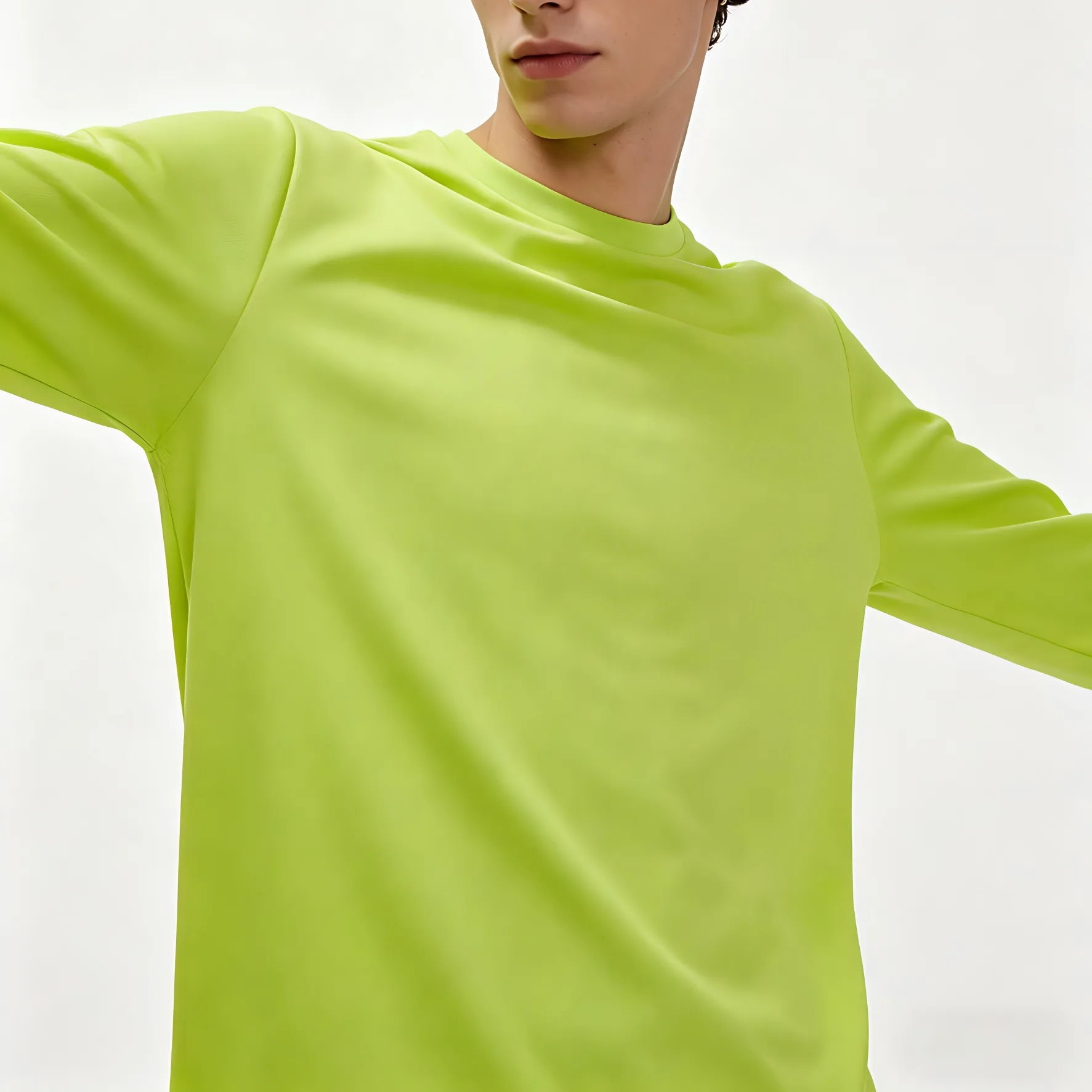 High-Visibility Fluorescent Green Long-Sleeve Quick-Dry Crew Neck T-Shirt
