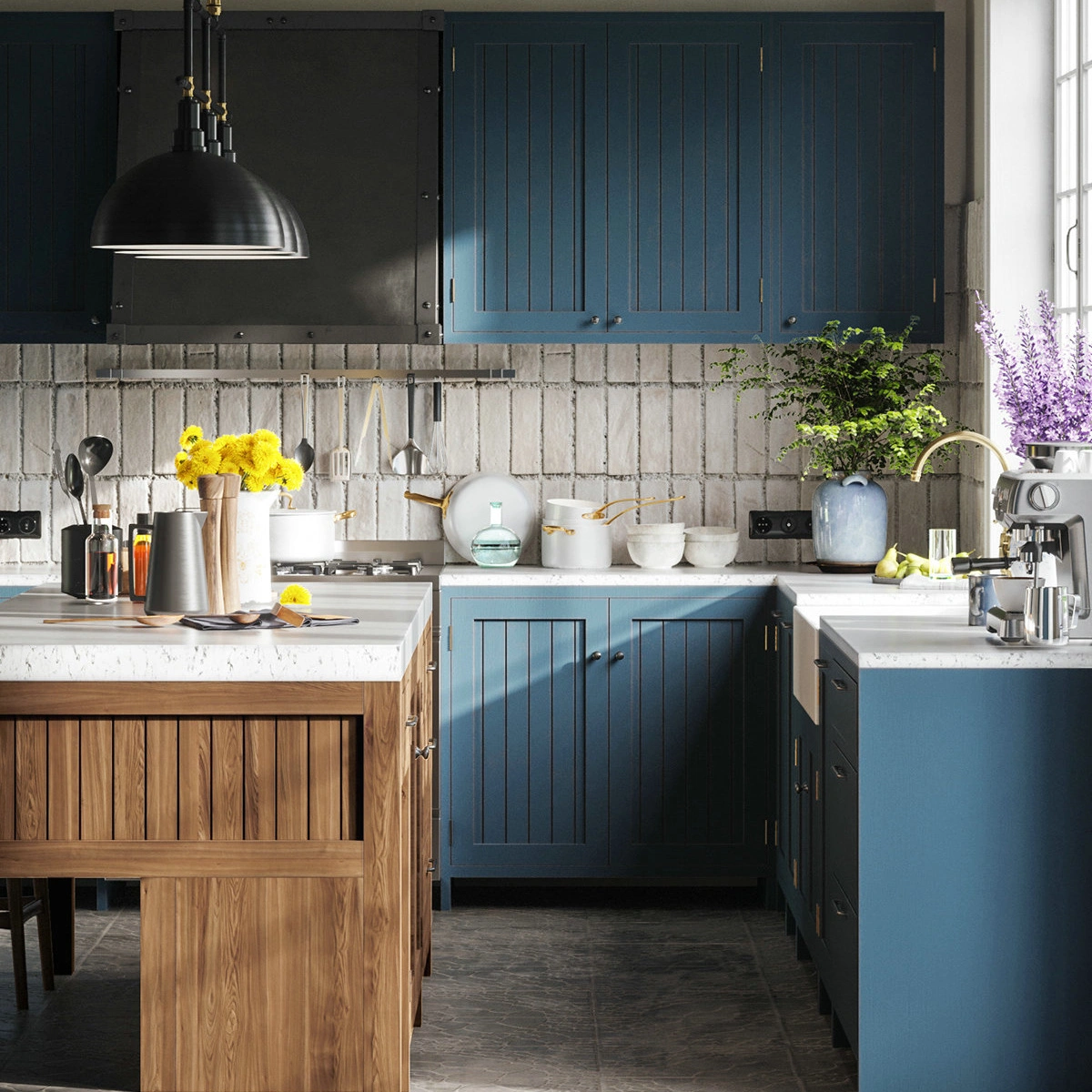 ENNOR Rustic Beadboard Kitchen Cabinets Custom Deep Blue Kitchen Design