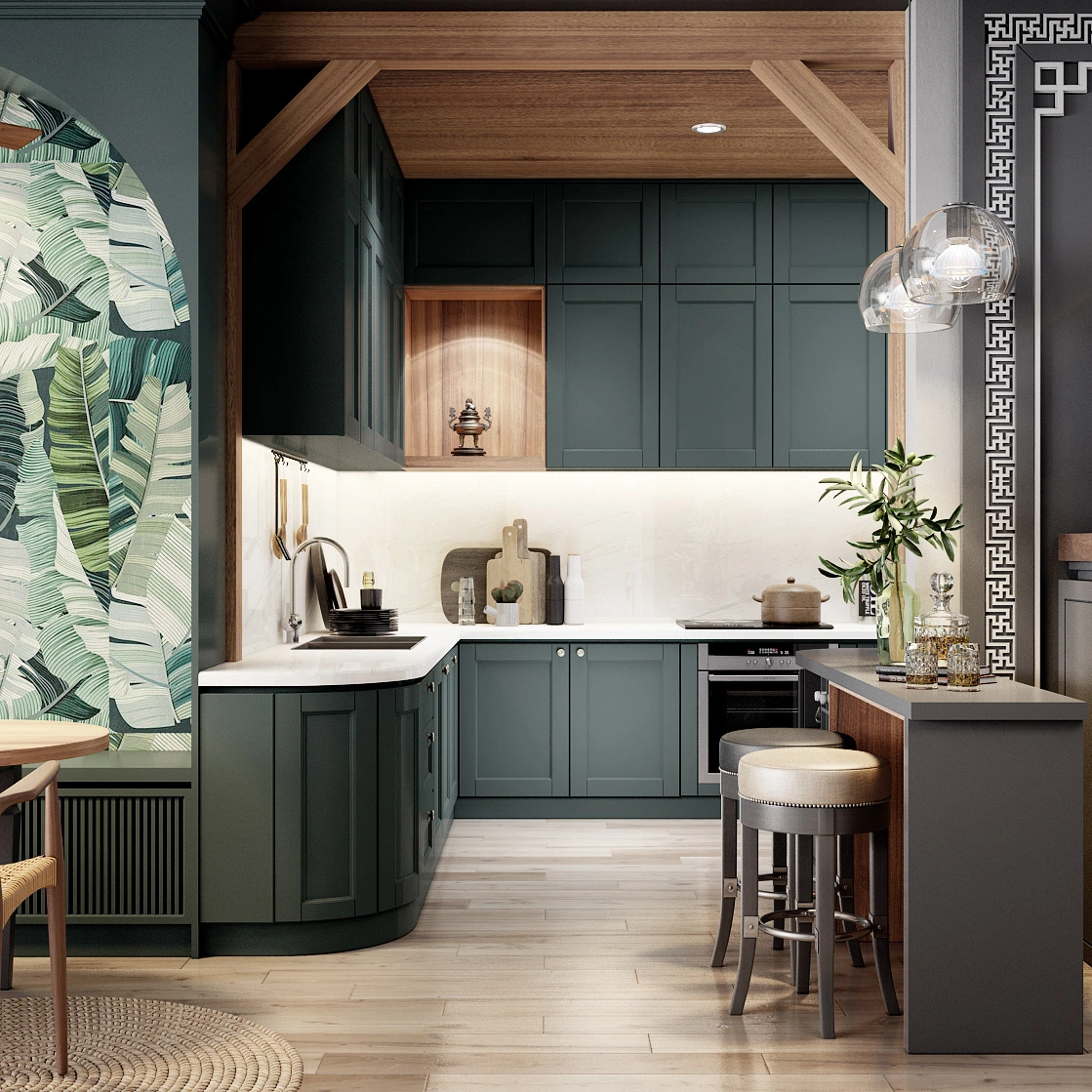 ENNOR Classic Forest Green Shaker Cabinetry System with Fluid Curved Profiles &amp; Integrated Bar Island