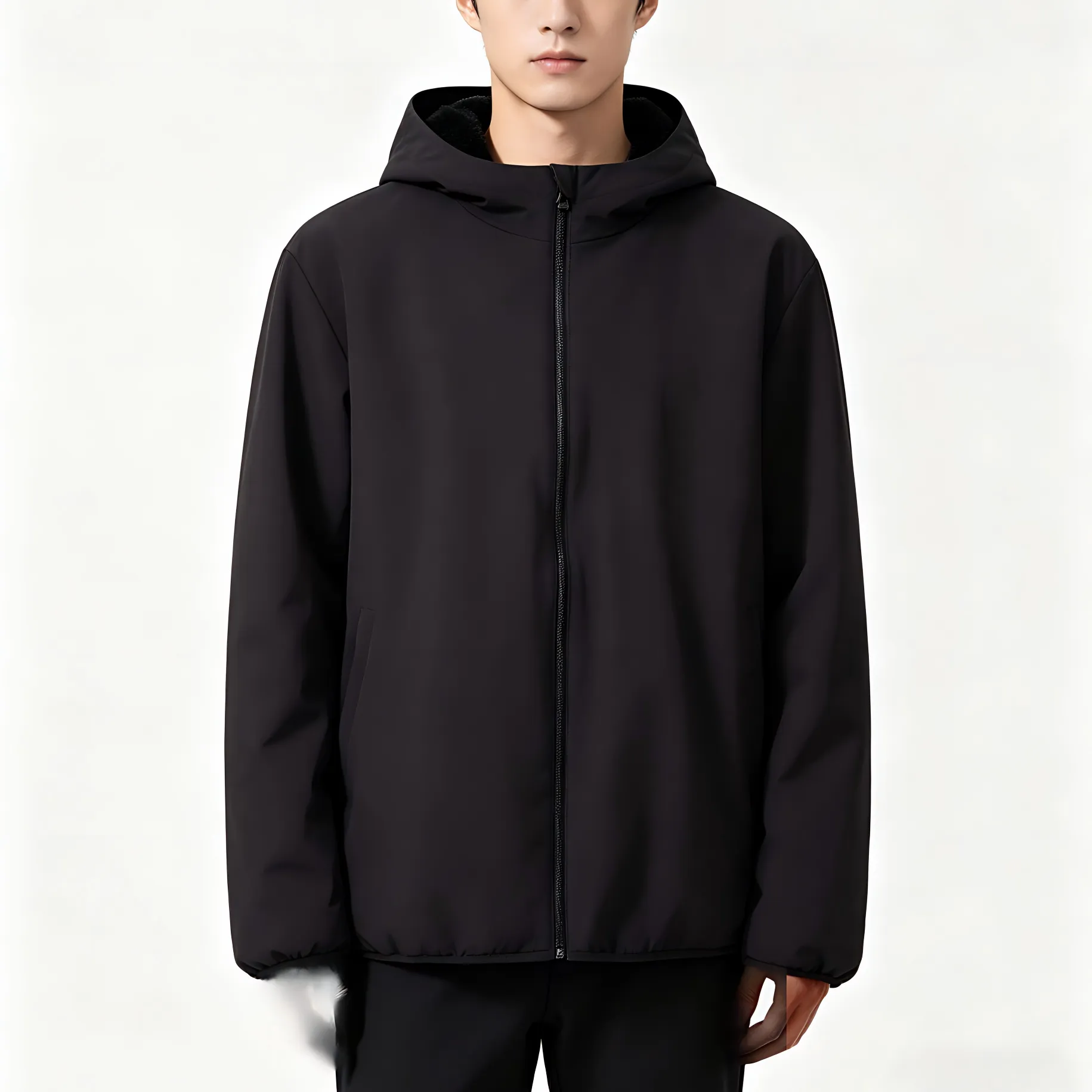 Men's Black Fleece-Lined Jacket with Soft-Touch Finish