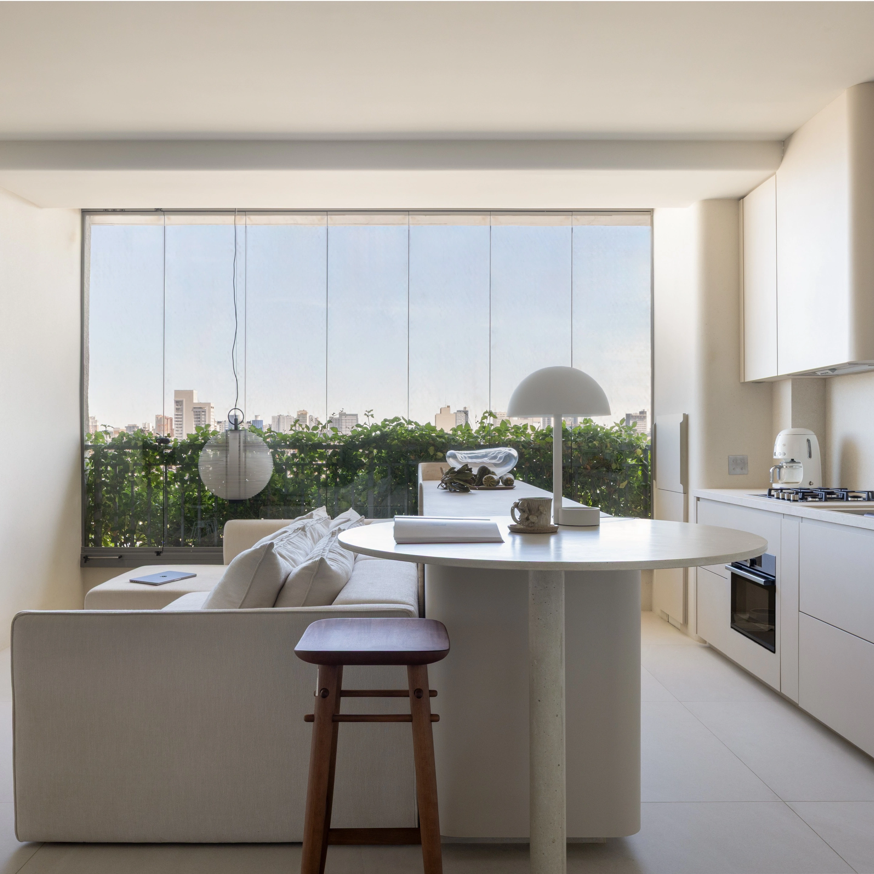 ENNOR Bespoke Minimalist Kitchen Island System with Integrated Rounded Dining Counter and Multi-Zone Space Divider