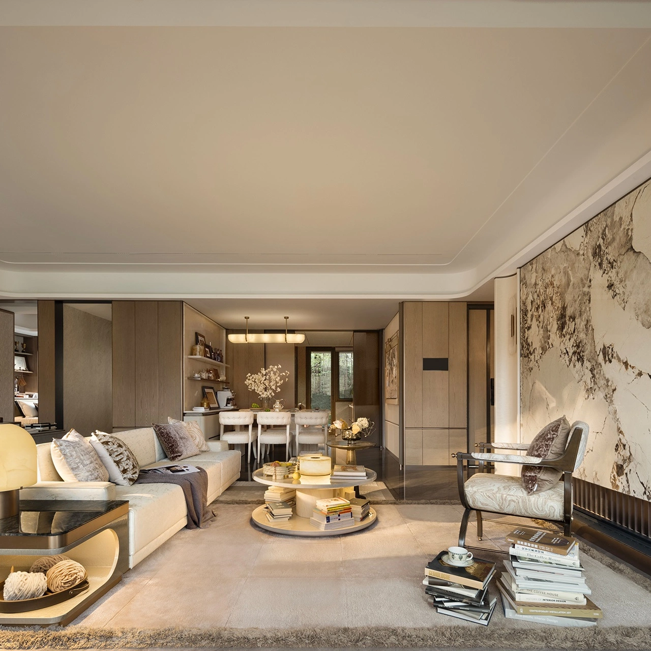 ENNOR Built-in Dining Room Cabinetry System with Seamless Wall Paneling &amp; Backlit Display Hutch