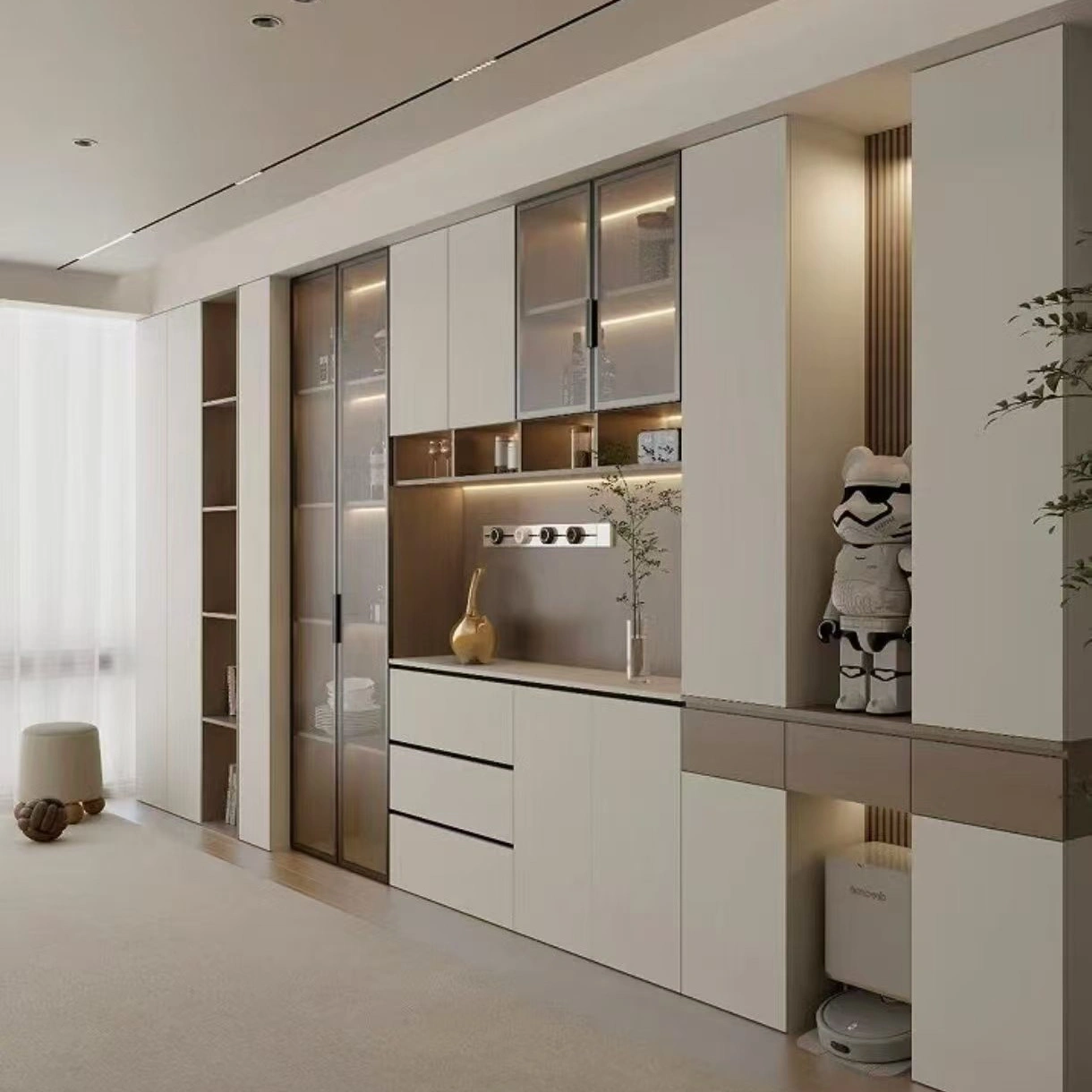 ENNOR Custom Dining Room Cabinetry Walls with Glass Hutch