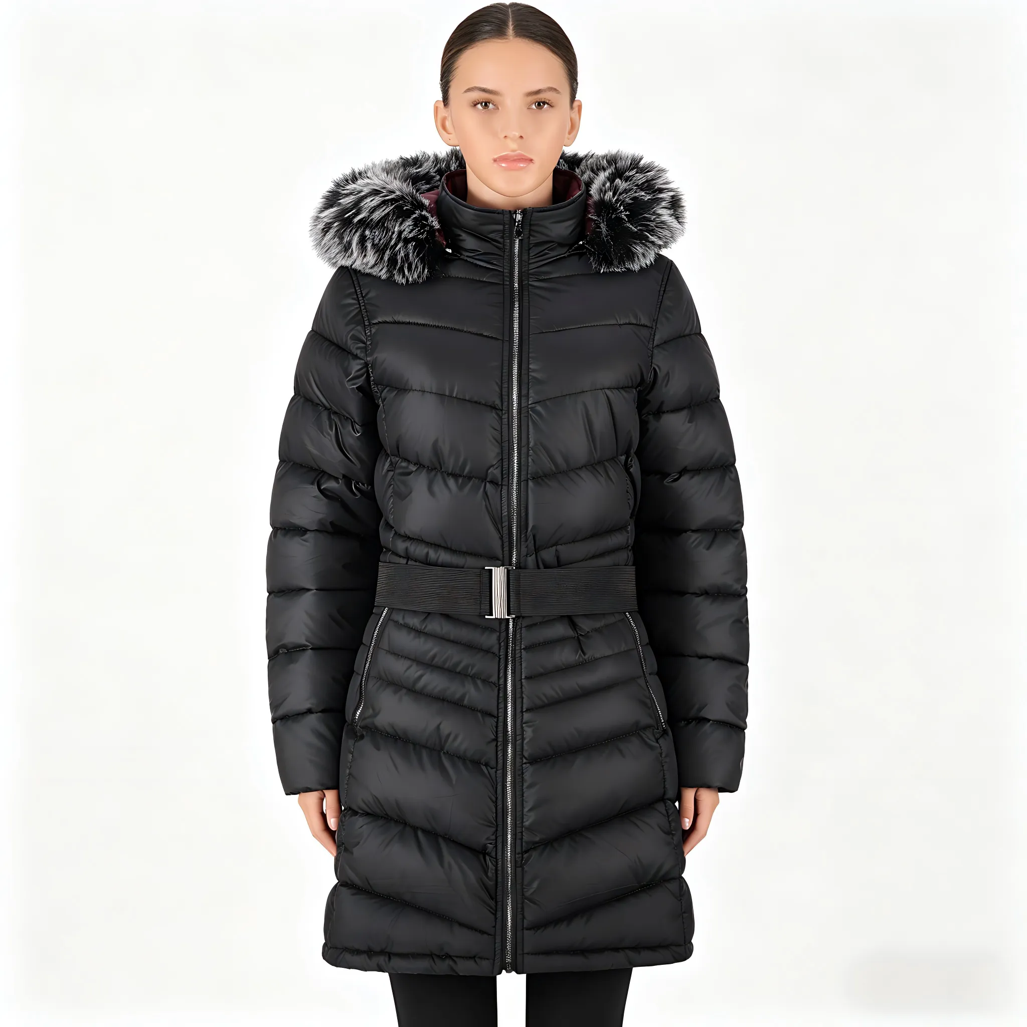Women's Hooded Belted Mid-Length Padded Coat