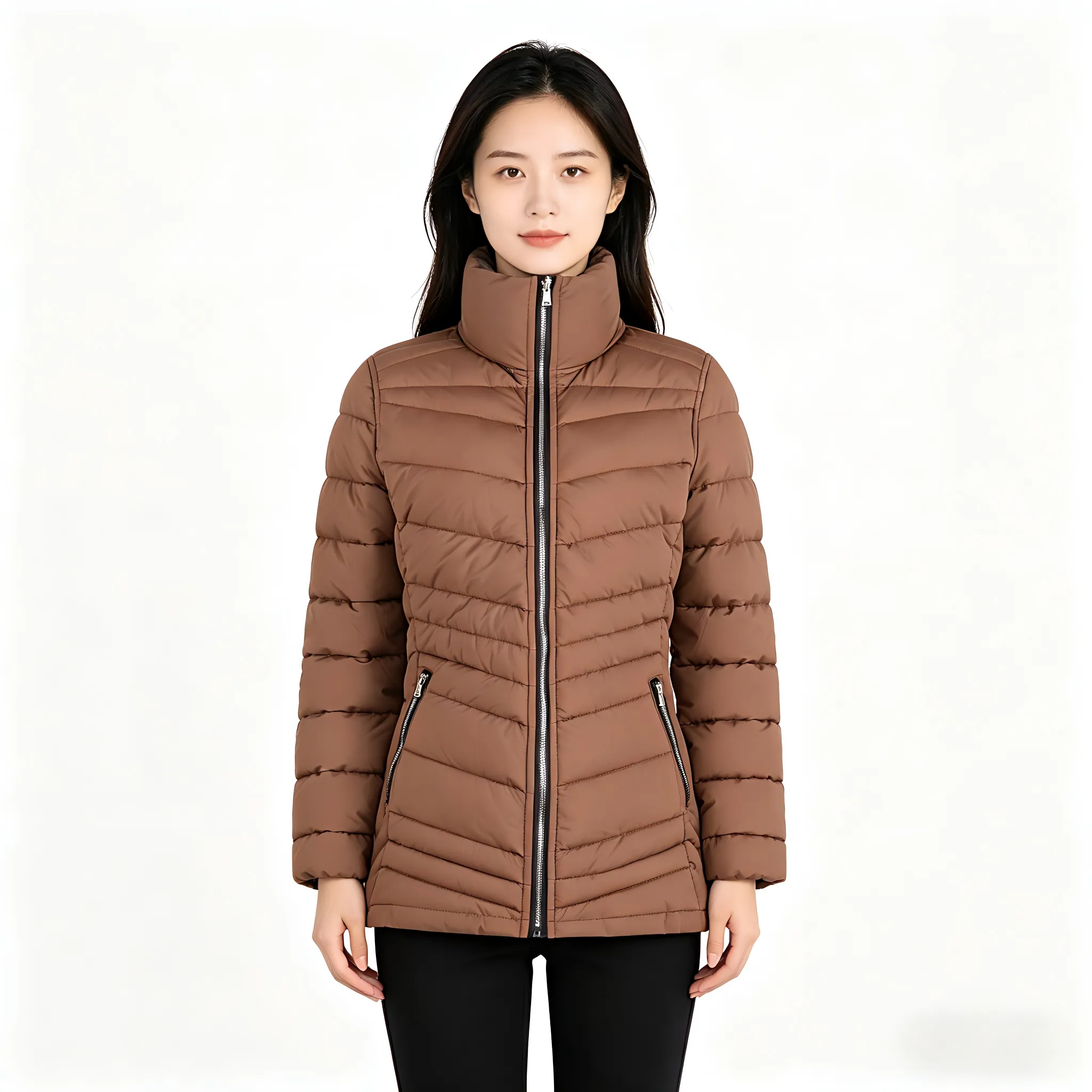 Women's Mid-Length Padded Coat with High Collar
