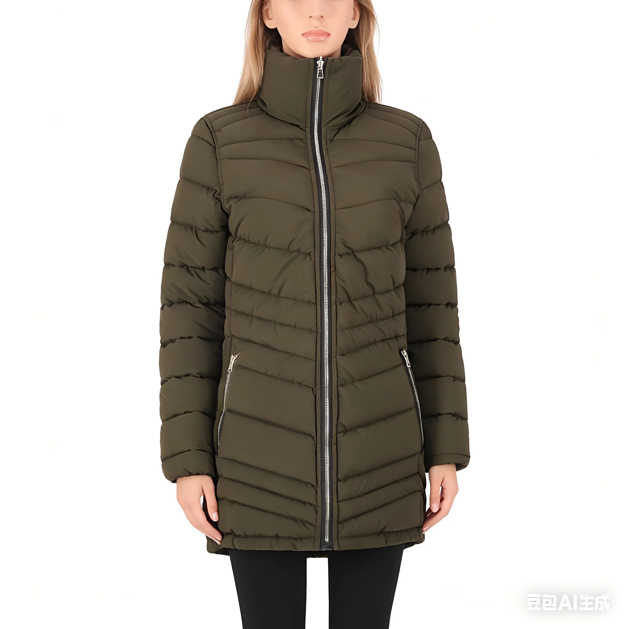 Women's Mid-Length Padded Coat with High Collar