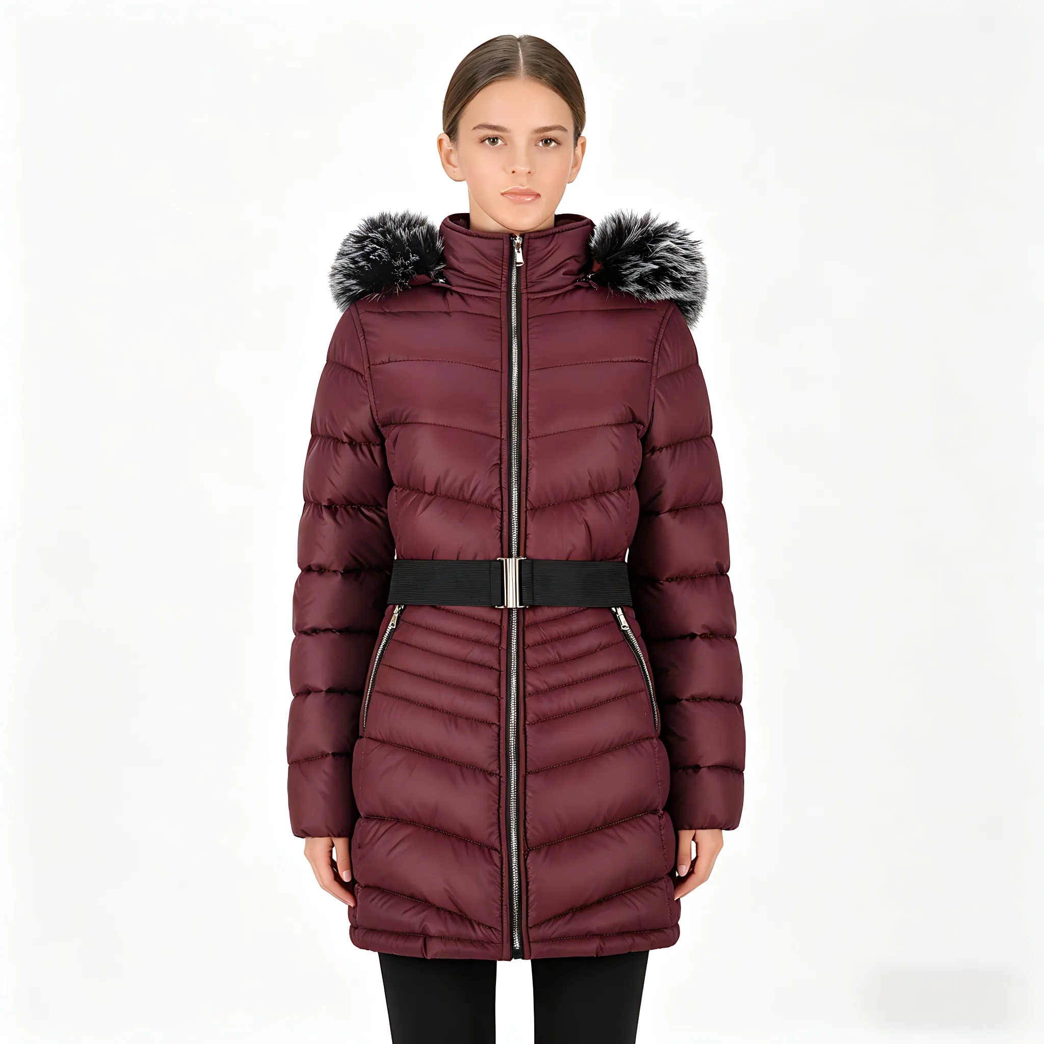Women's Hooded Belted Mid-Length Padded Coat