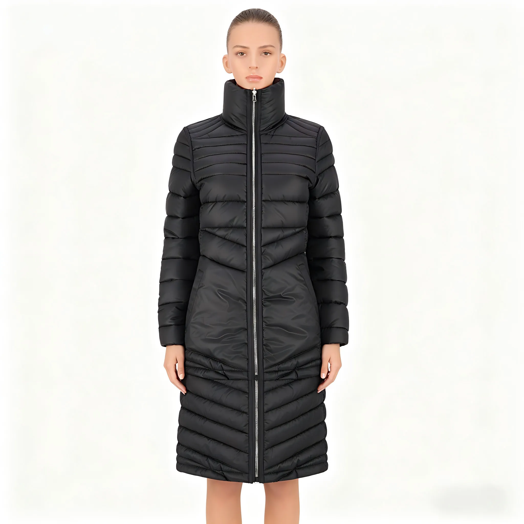Women's Mid-Length Padded Coat with High Collar