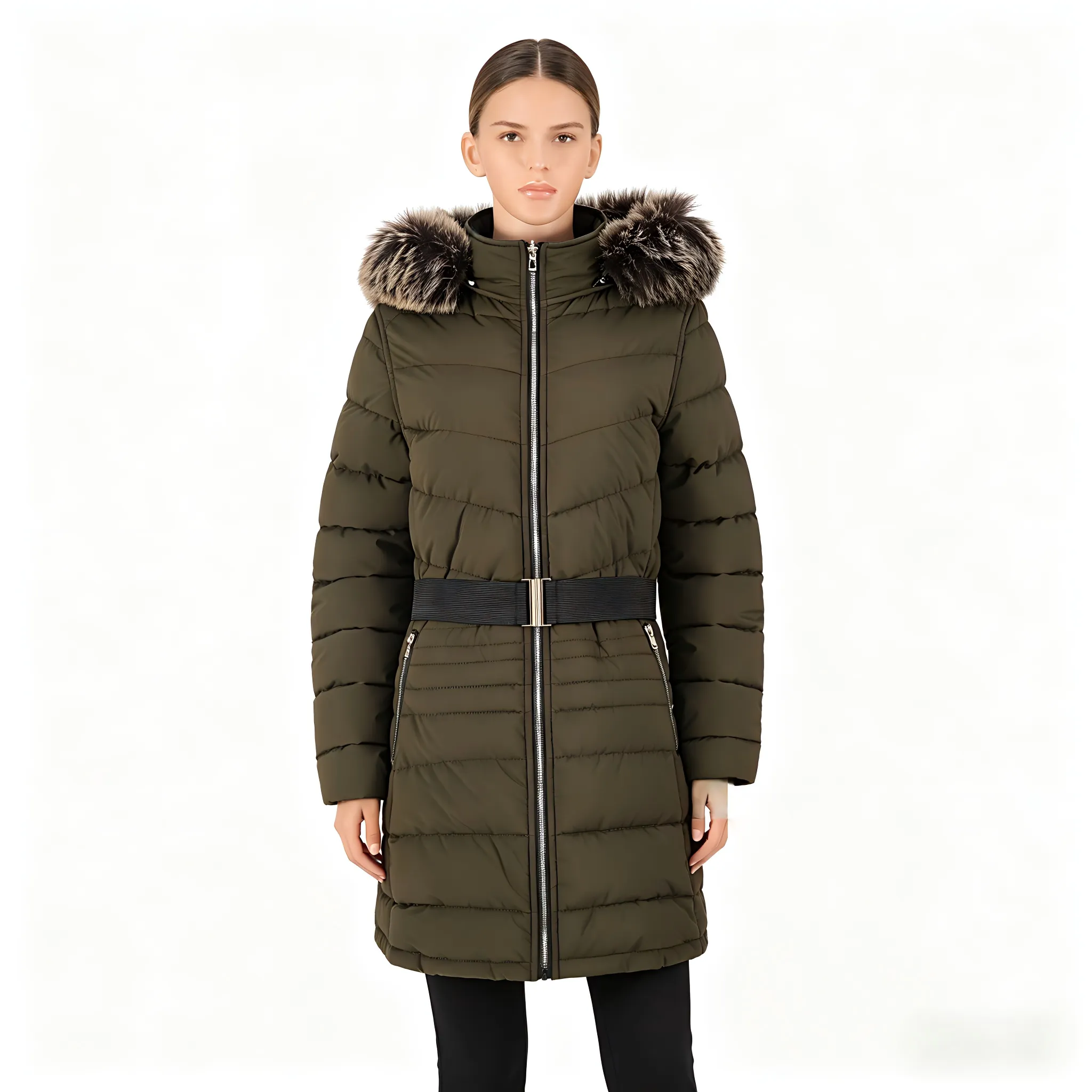 Women's Hooded Belted Mid-Length Padded Coat