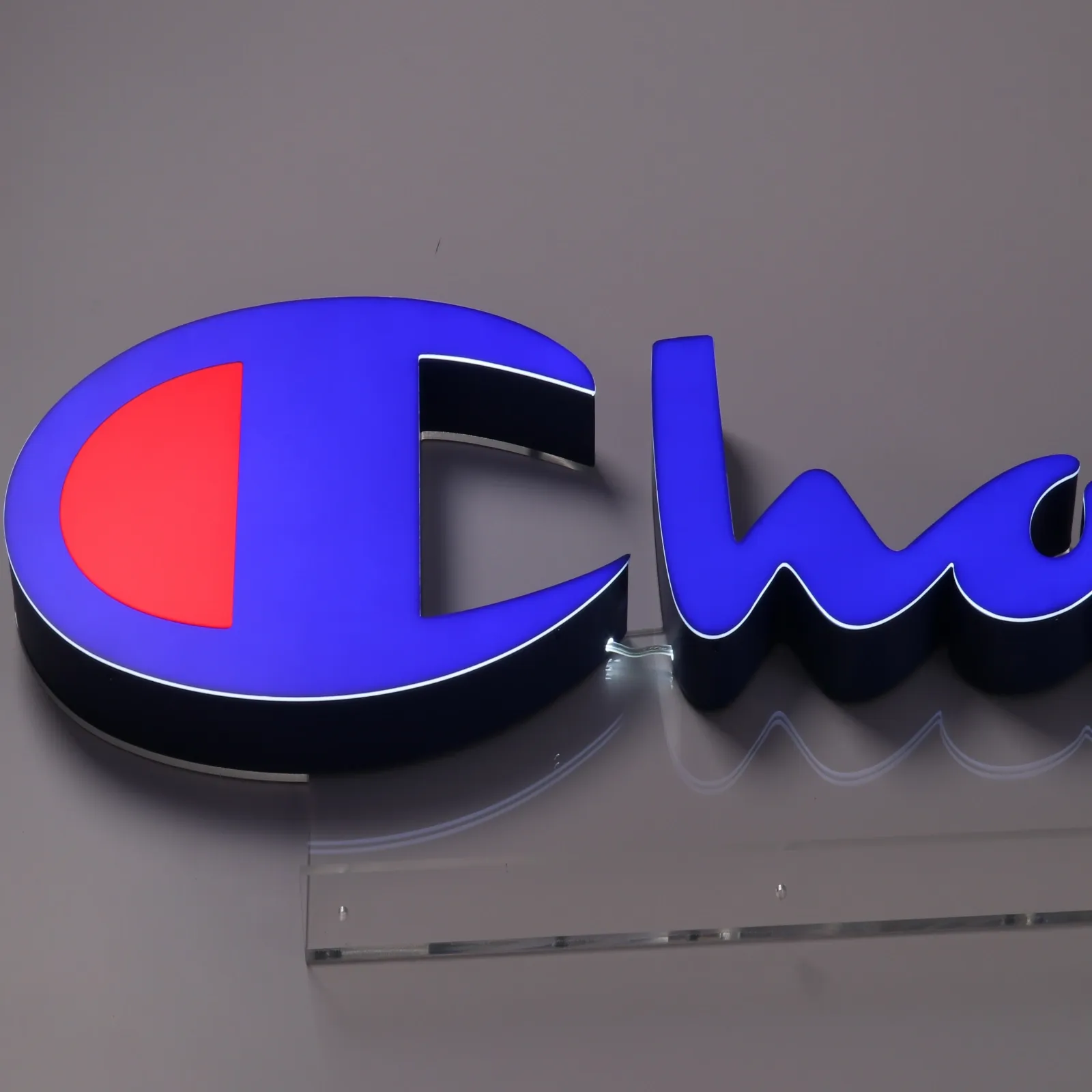 Custom Front Lit Edge Lit Channel Letters with UV Printed Face & L-Shaped Acrylic Stand