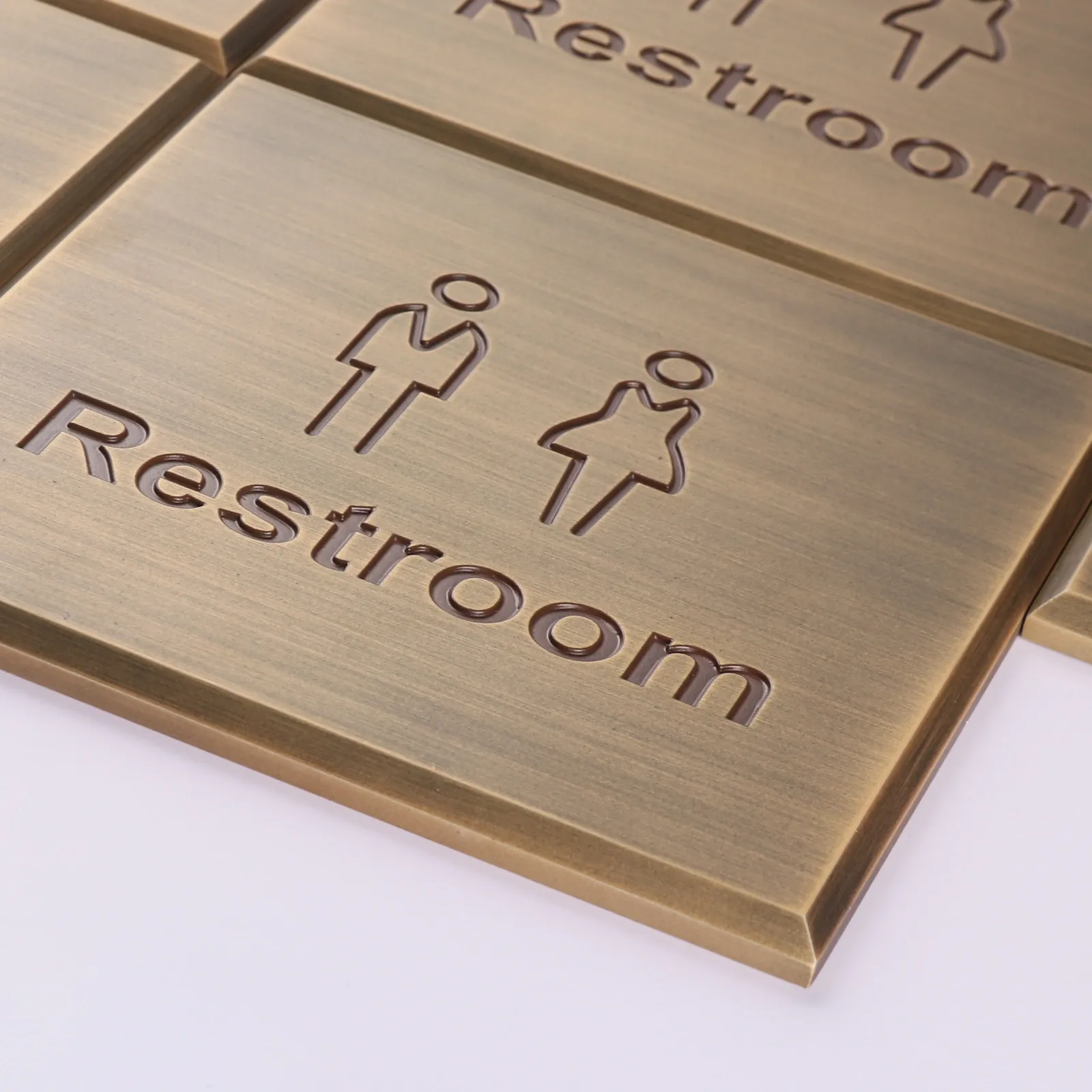 Custom Engraved Antique Brass Aluminum Restroom Sign with Beveled Edge