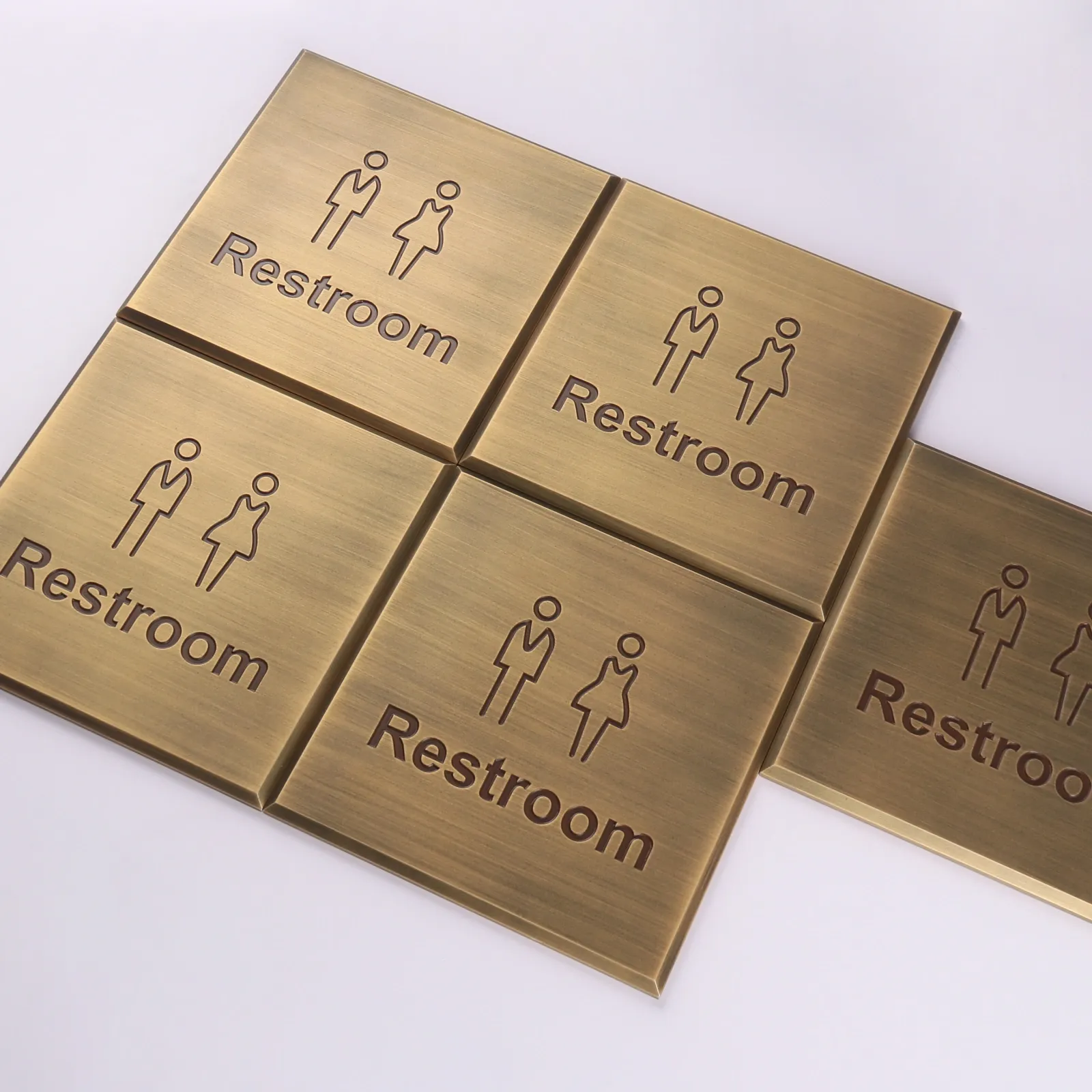 Custom Engraved Antique Brass Aluminum Restroom Sign with Beveled Edge