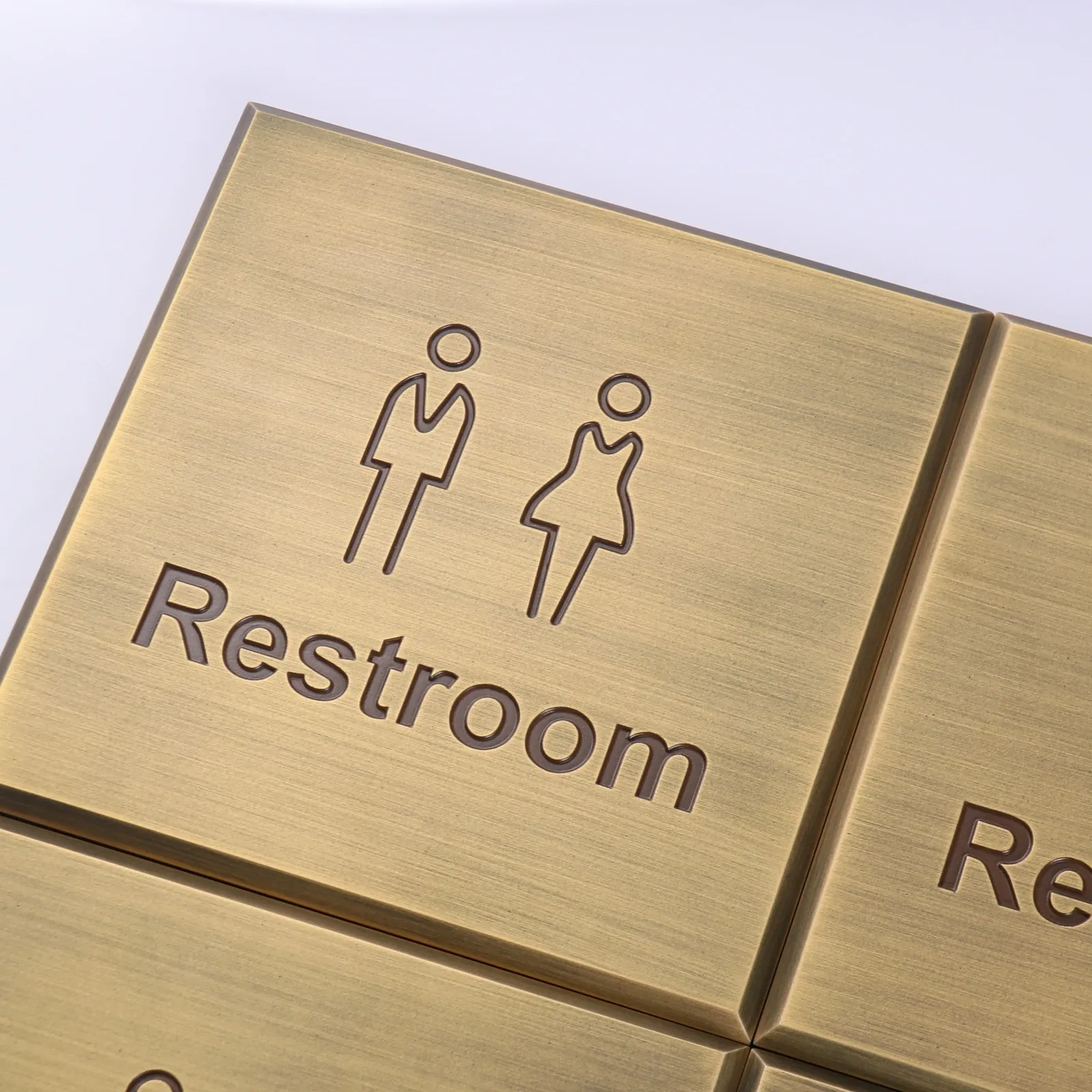 Custom Engraved Antique Brass Aluminum Restroom Sign with Beveled Edge