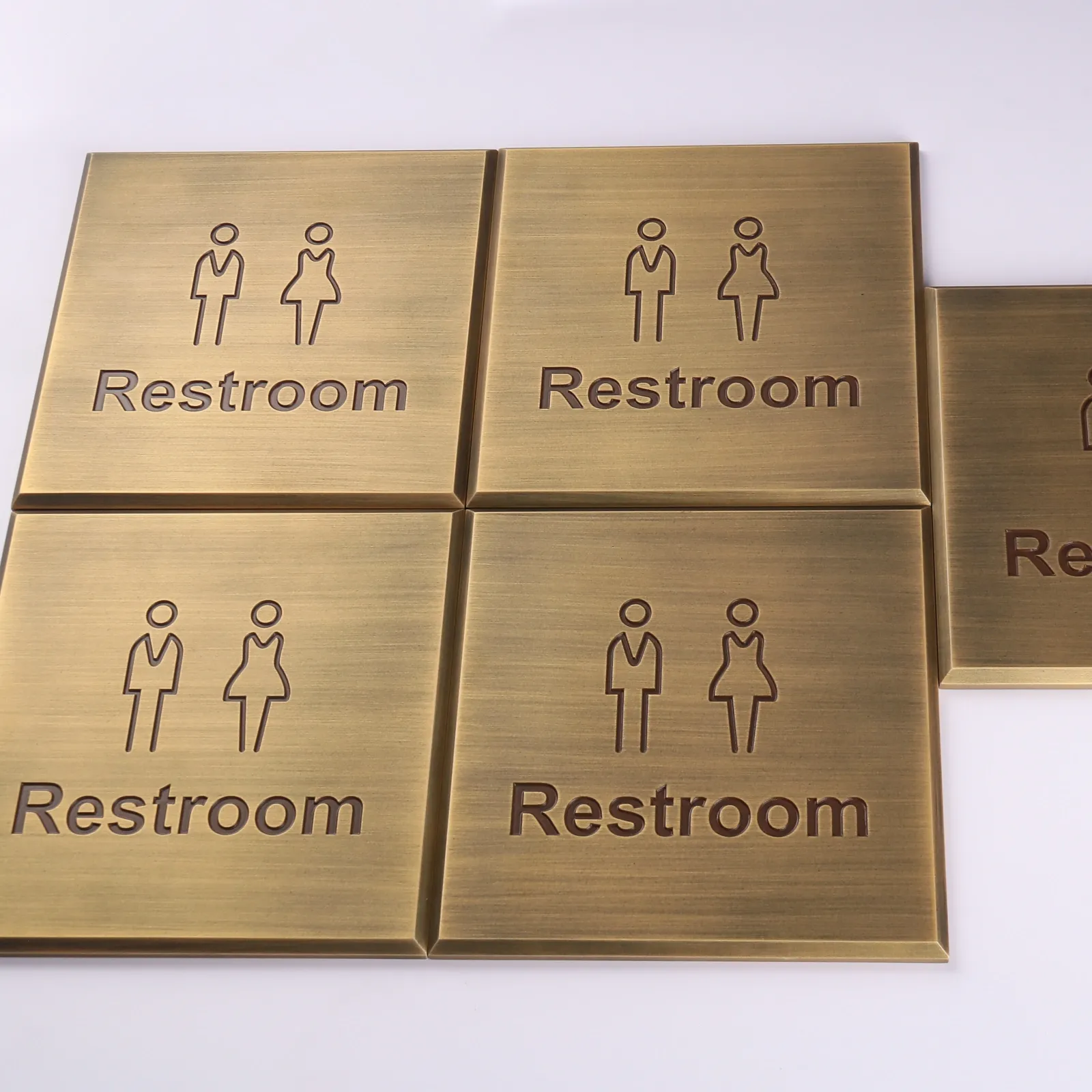 Custom Engraved Antique Brass Aluminum Restroom Sign with Beveled Edge