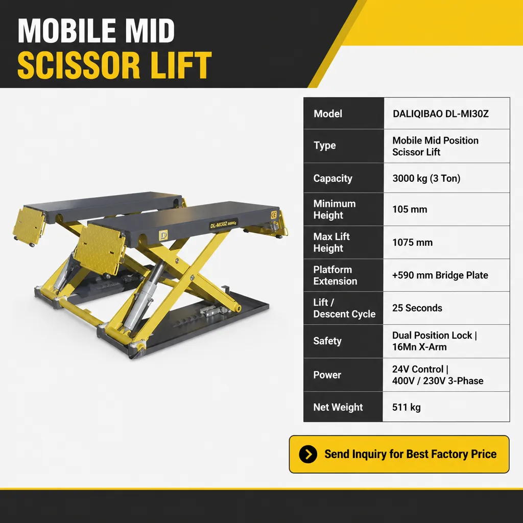 DALIQIBAO DL-MI30Z Mobile Scissor Car Lift 3 Ton Italian Imported Pump 1075mm Height Multifunctional Garage Tool
