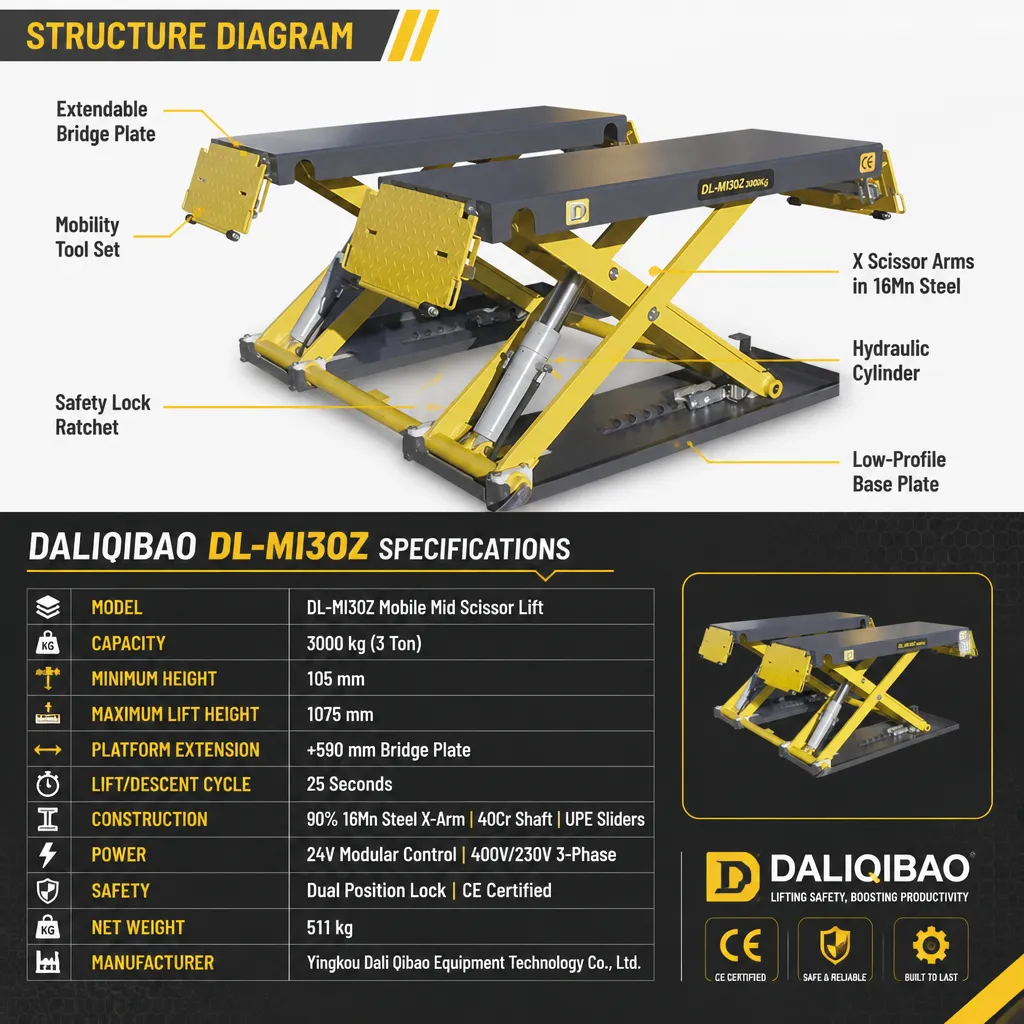 DALIQIBAO DL-MI30Z Mobile Scissor Car Lift 3 Ton Italian Imported Pump 1075mm Height Multifunctional Garage Tool