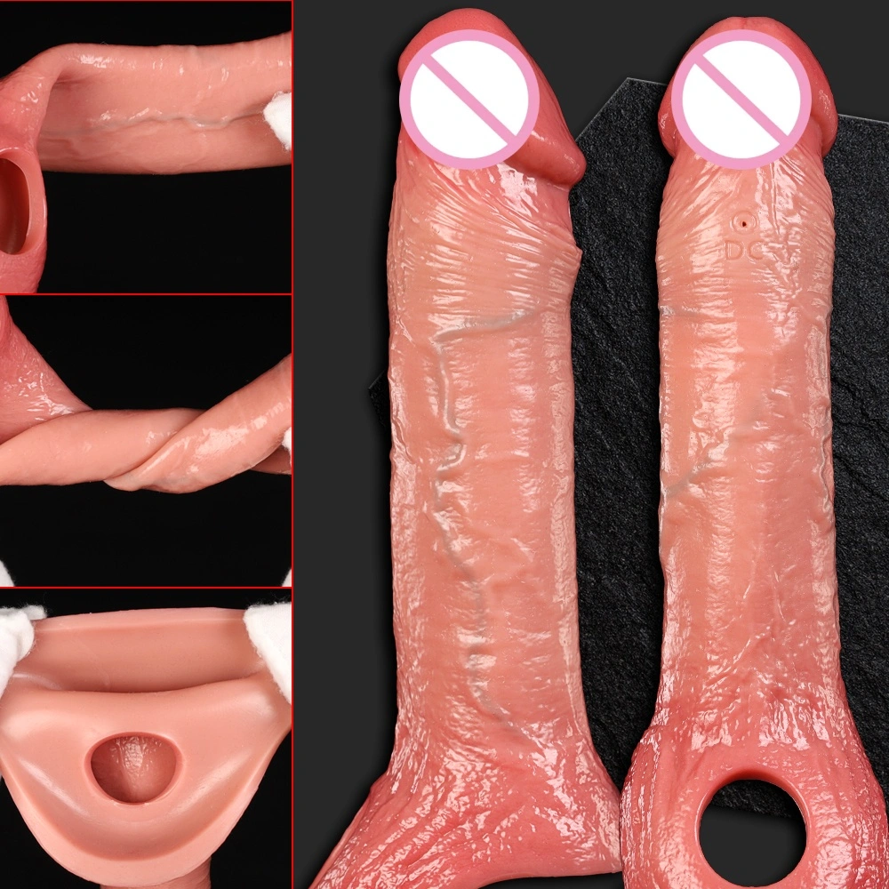 Controleerbare uitrekbare realistische dildo condoom grote maat vloeibare silica gel waterdichte zachte penis套 verwarmende zuigkoplm-ct611-3