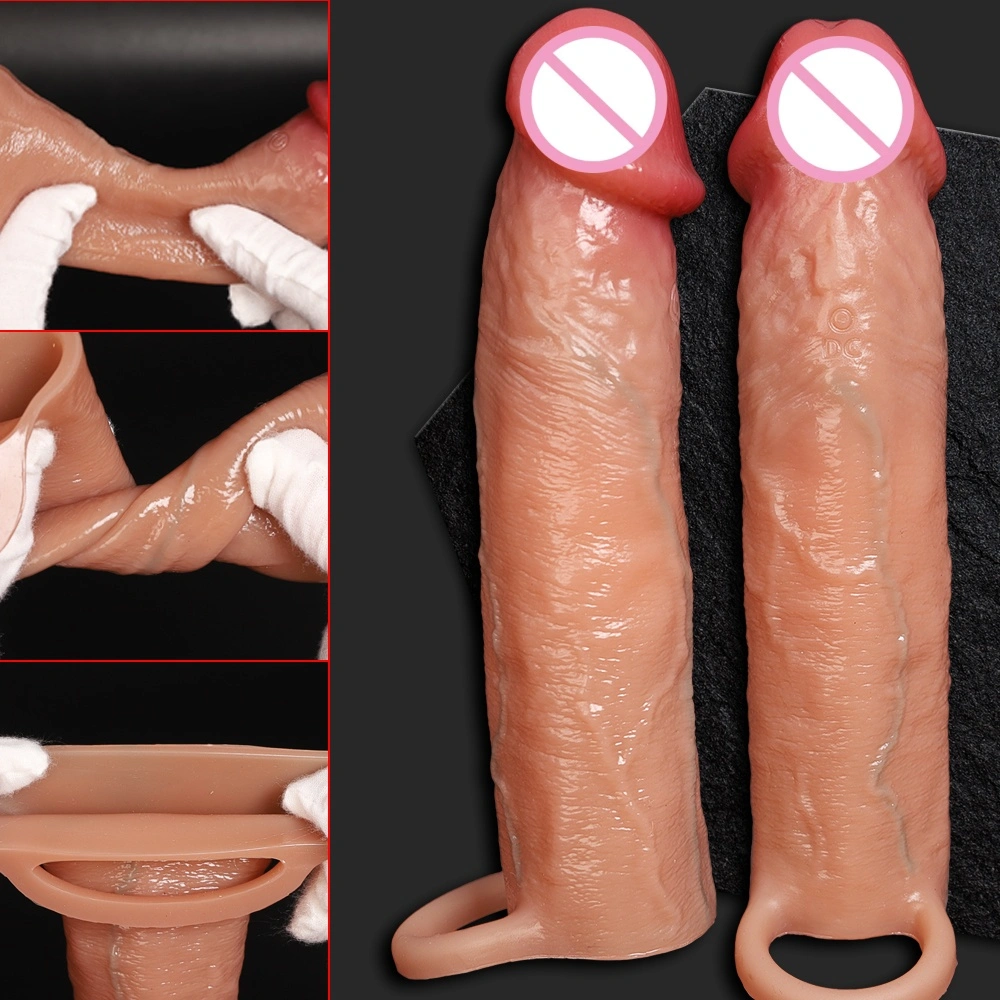 Herhaalbaar siliciumverlengstuk voor peniscondoom, realistische condoom-speeltje, voor dikker en langer wordende sexspeeltjesleeve LM-CT610-1