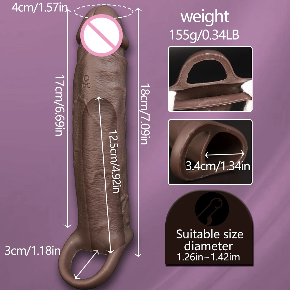 Silicone penis sleeve voor mannen, kan dikker en groter maken, te gebruiken tijdens geslachtsgemeenschap, 100% waterdicht, zacht, met holle opening, echte huidtextuur, LM-CT608-4