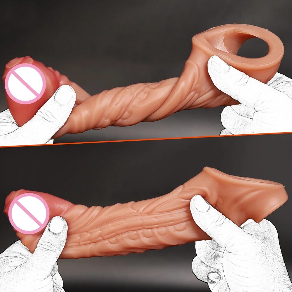 Uitbreidingshulsmerk herbruikbare mannelijke zachte siliconen dildo condoom maat L waterdicht LM-D823