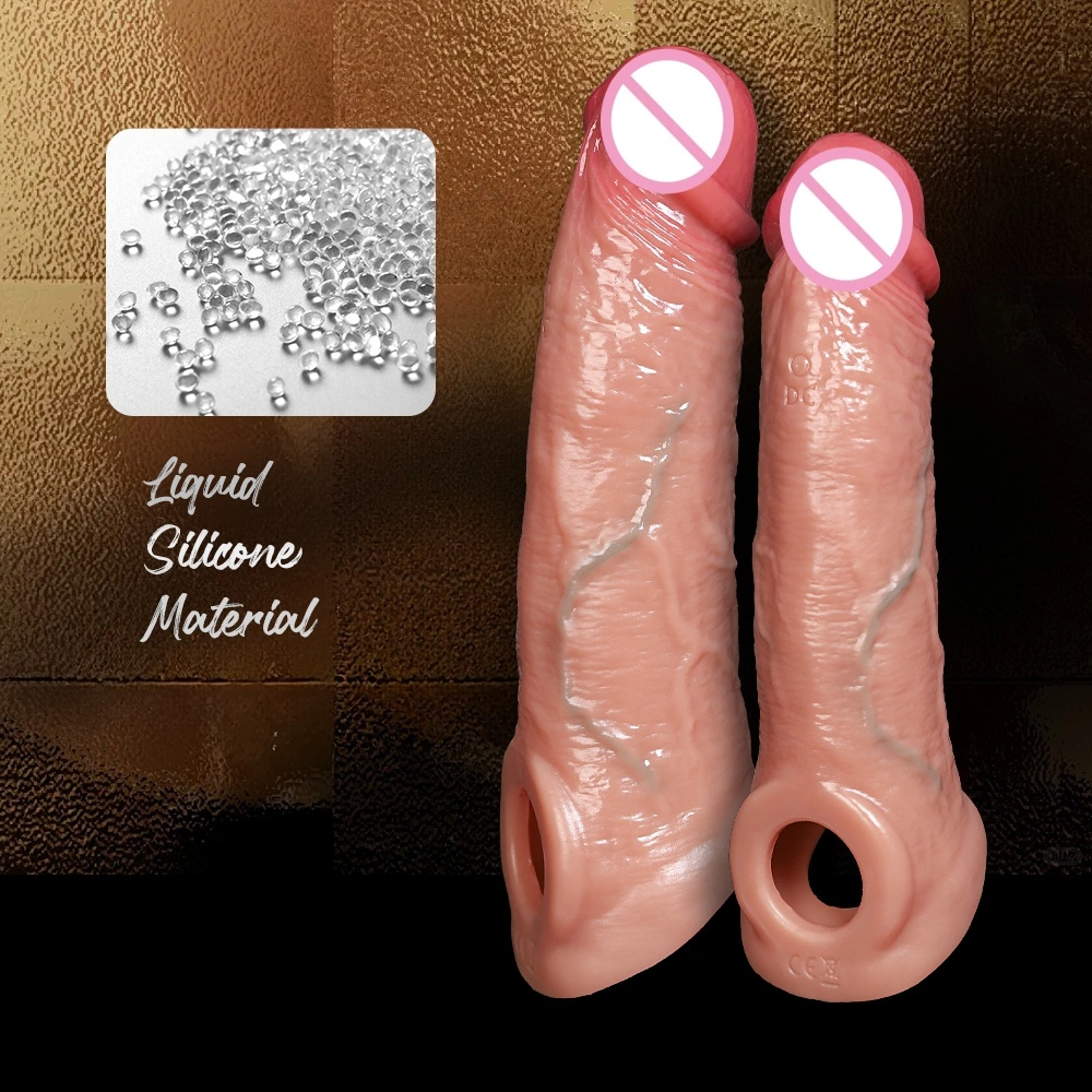 Realistische penisverlengingshoes Herbruikbare siliconen penisvergroter Manuele vertragingscondoom Dildo versterker Seksspel - LM-CT856