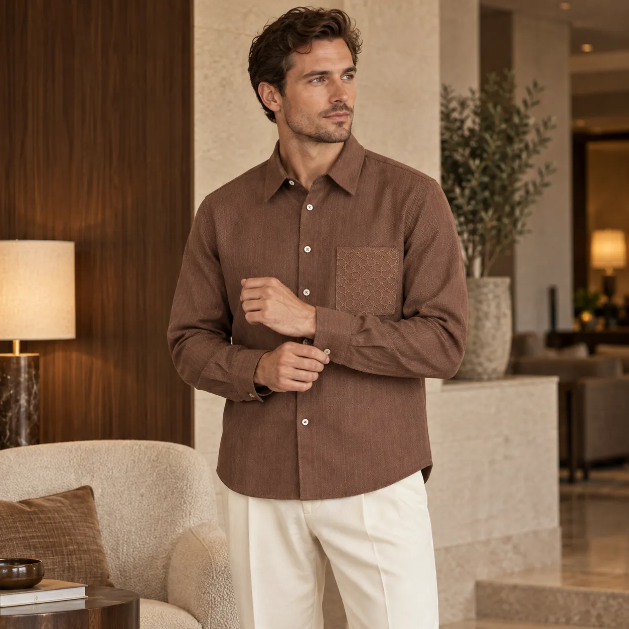 Kired Men's Lyocell Linen Herringbone Shirt
