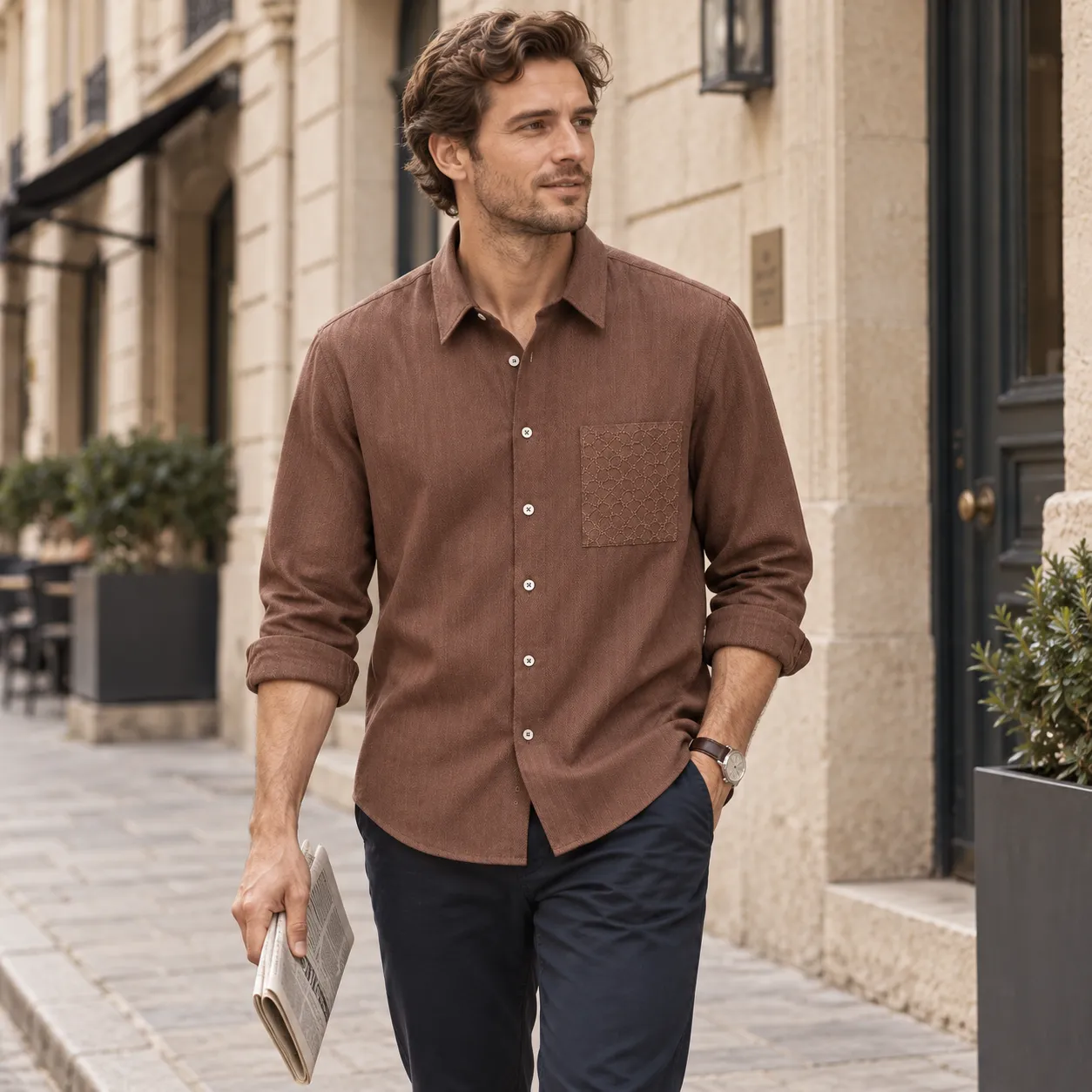 Kired Men's Lyocell Linen Herringbone Shirt