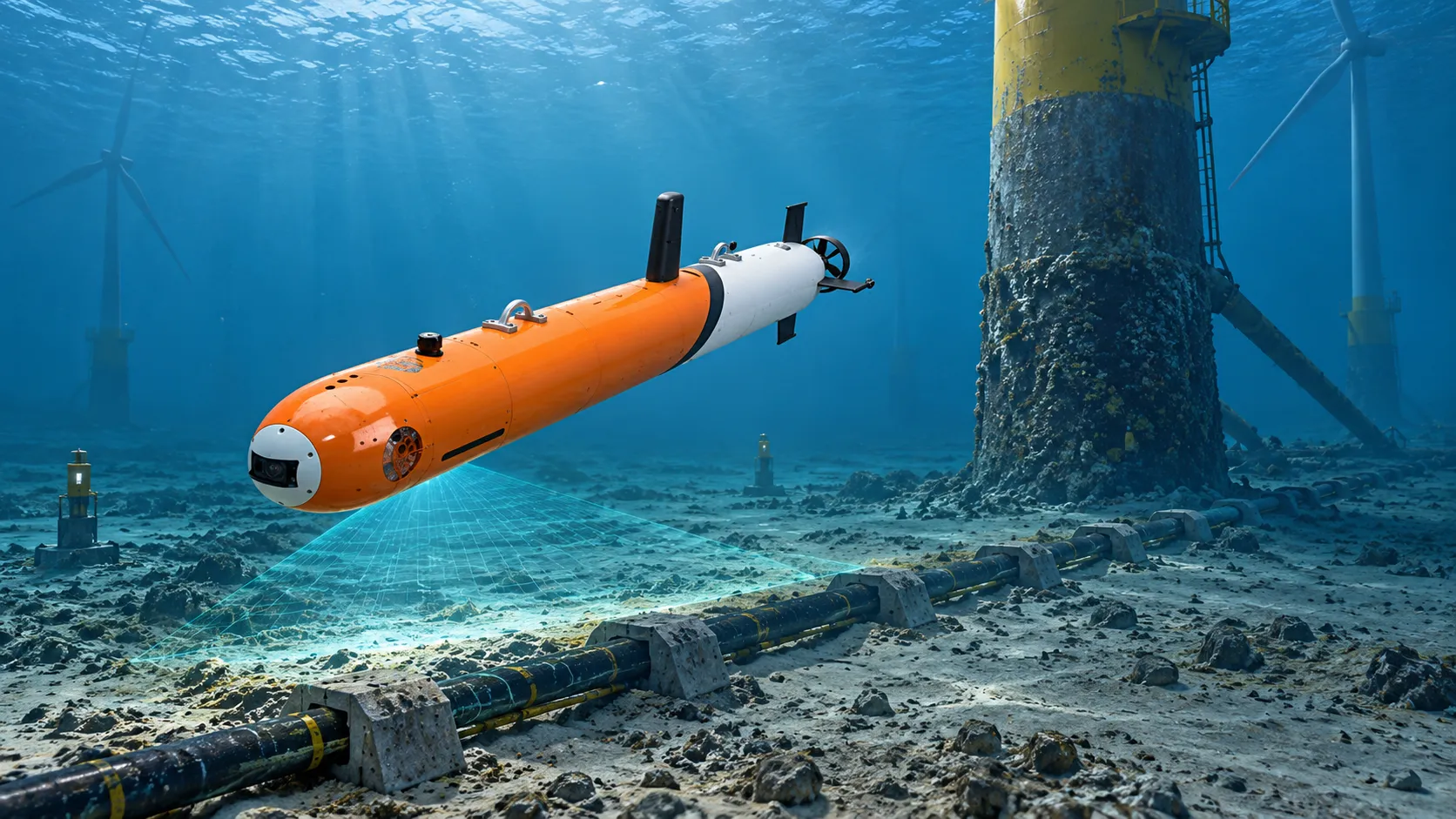 Como os Gêmeos Digitais Melhoram o Planejamento de Inspeção de AUV/ROV para Parques Eólicos Offshore