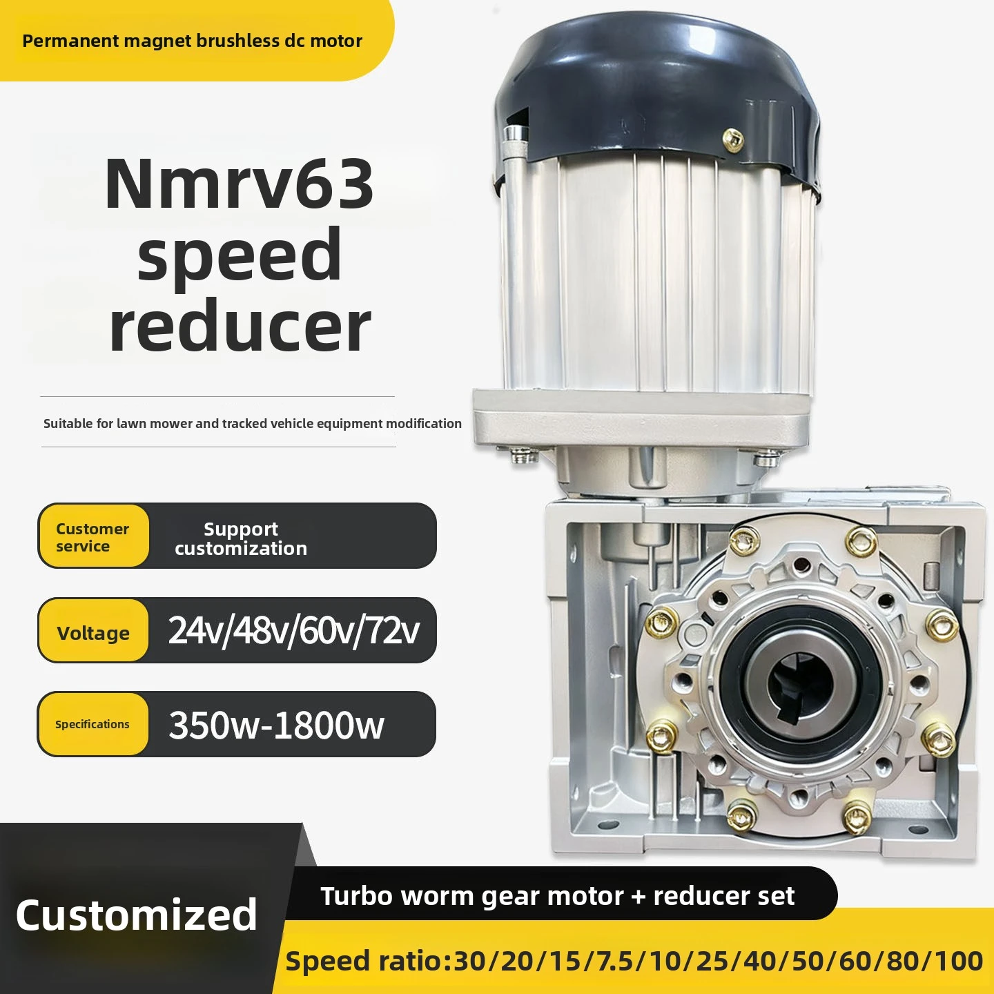 Bánh xe động cơ không chổi than DC 48V NMRV63 Worm Gear Motor Speed Reduction 350W-1800W cho máy cắt cỏ trục đầu ra đơn đôi