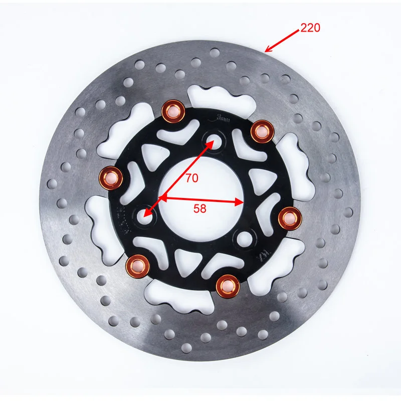 Electric motorcycle stainless steel brake disc and brake pads with friction drum, 220mm diameter, 3.5-4.0mm thickness, 58mm inner diameter