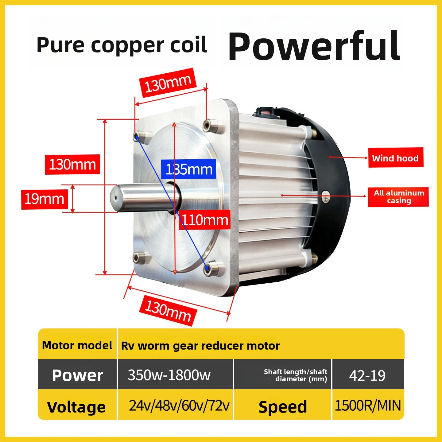 Bánh xe động cơ không chổi than DC 48V NMRV63 Worm Gear Motor Speed Reduction 350W-1800W cho máy cắt cỏ trục đầu ra đơn đôi