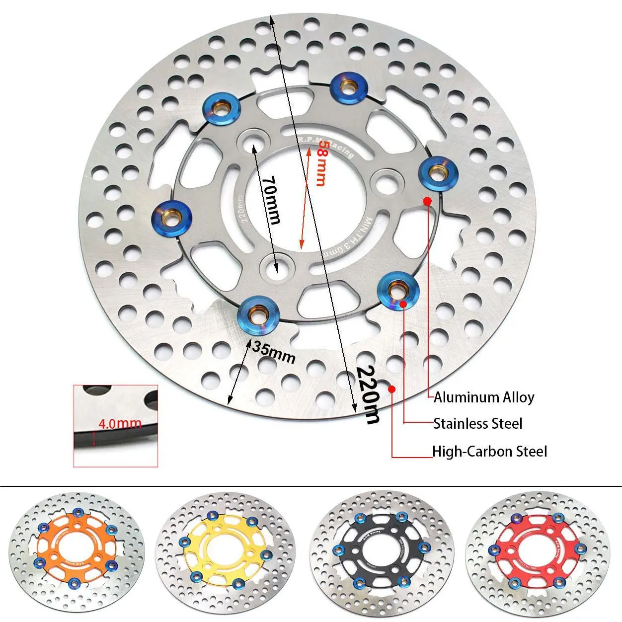 Fireyouracing RPM220新款铝合金彩色钉浮动刹车盘电动摩托车改装款220 3孔70mm